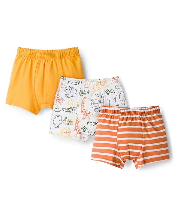Babyhug 100% Cotton Single Jersey Knit Trunks With Jungle Theme Print Pack of 3 - Yellow White & Orange