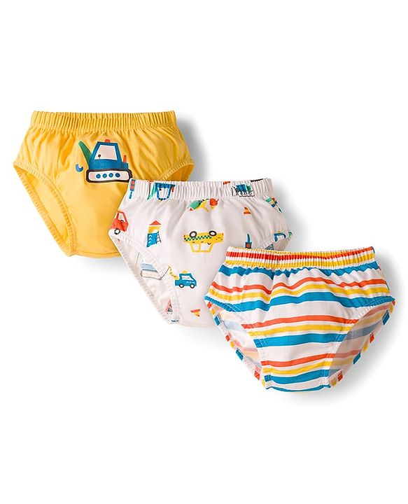 Babyhug 100% Cotton Construction Vehicles Printed & Striped Briefs Pack Of 3 - Mutlicolour