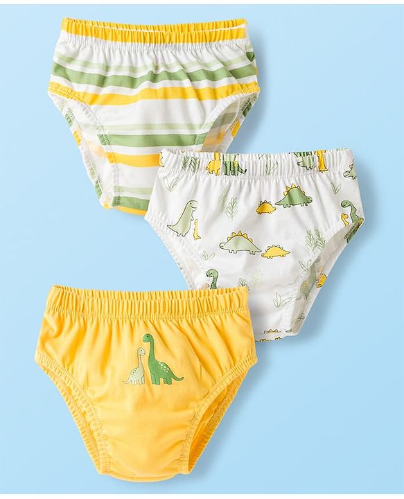 Babyhug 100% Cotton Knit Striped & Dino Printed Briefs Pack of 3 - Multicolor