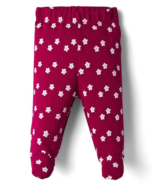 Babyhug Cotton Knit Full Length Bootie Leggings With Floral Print Pack Of 3 - Pink Maroon & Purple