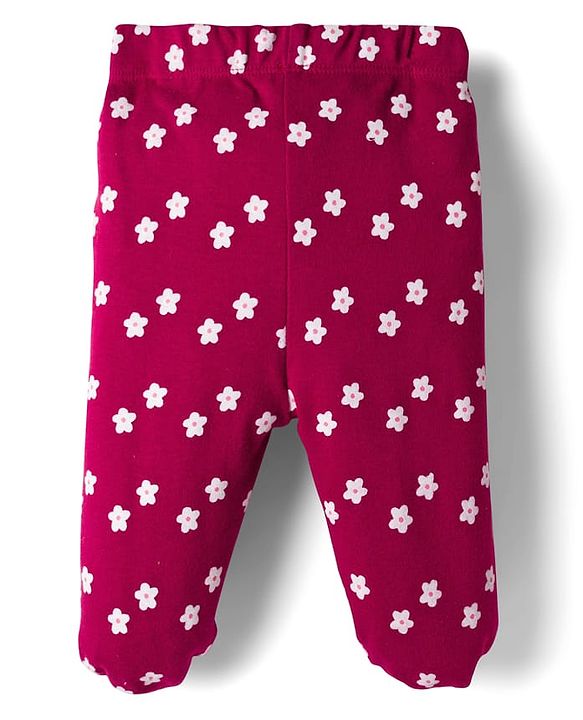 Babyhug Cotton Knit Full Length Bootie Leggings With Floral Print Pack Of 3 - Pink Maroon & Purple