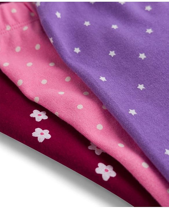 Babyhug Cotton Knit Full Length Bootie Leggings With Floral Print Pack Of 3 - Pink Maroon & Purple