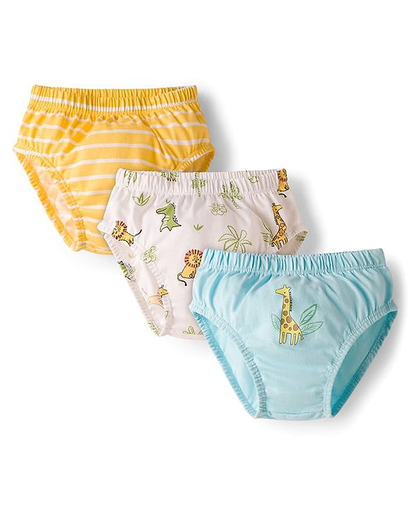 Babyhug 100% Cotton Knit Animal Printed & Striped Briefs Pack Of 3 - Mutlicolour
