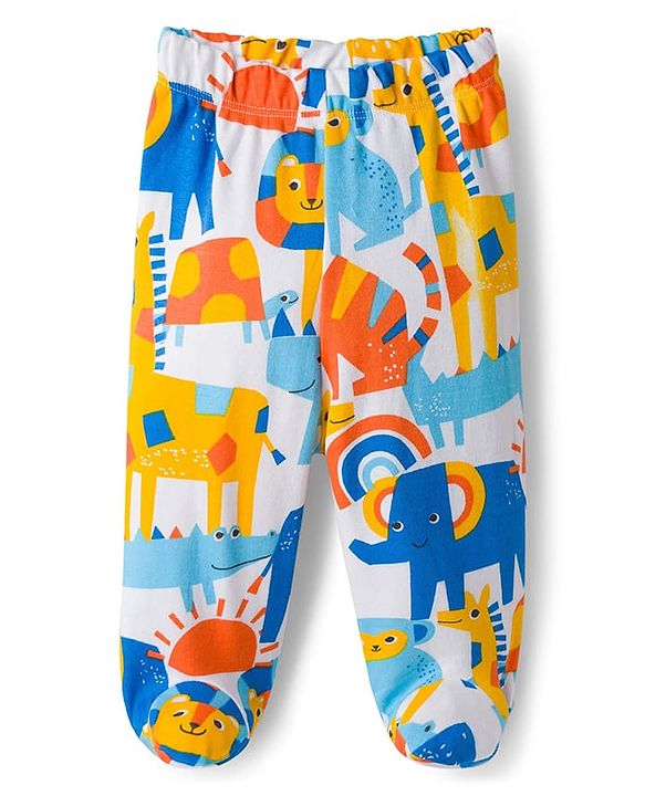 Babyhug Cotton Knit Bootie Leggings with Jungle Theme Print & Stripes Pack of 3 - Multicolor