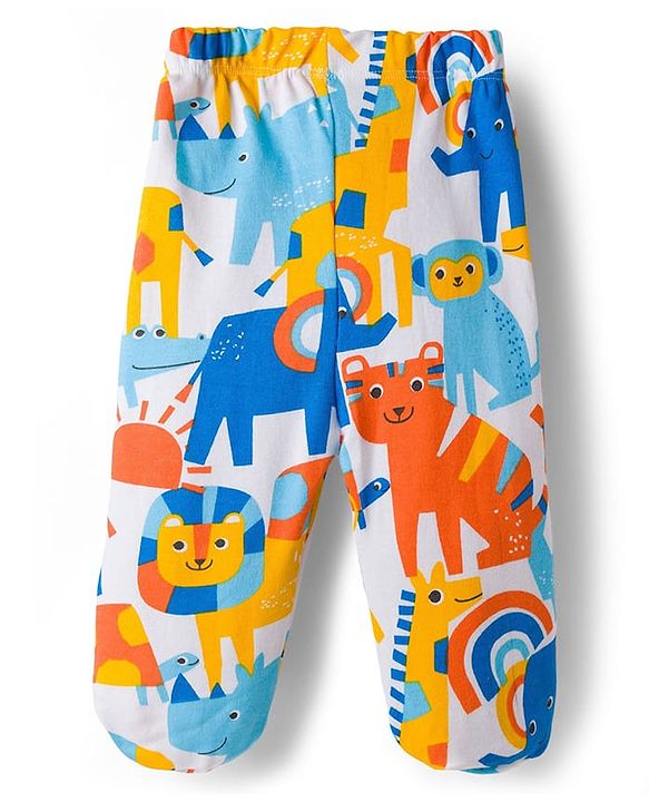 Babyhug Cotton Knit Bootie Leggings with Jungle Theme Print & Stripes Pack of 3 - Multicolor
