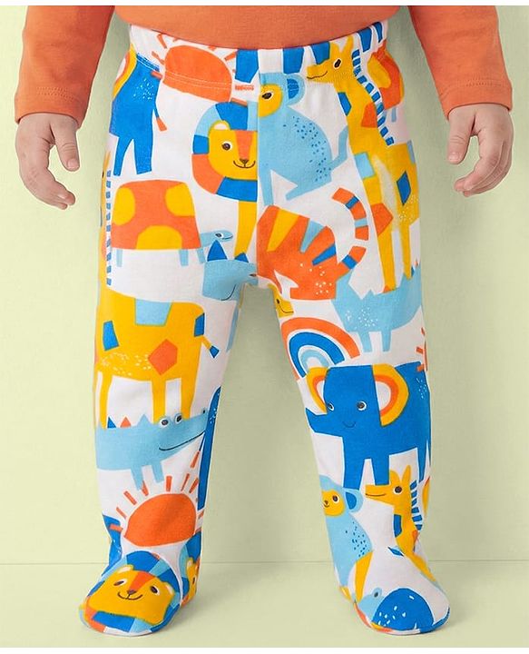 Babyhug Cotton Knit Bootie Leggings with Jungle Theme Print & Stripes Pack of 3 - Multicolor
