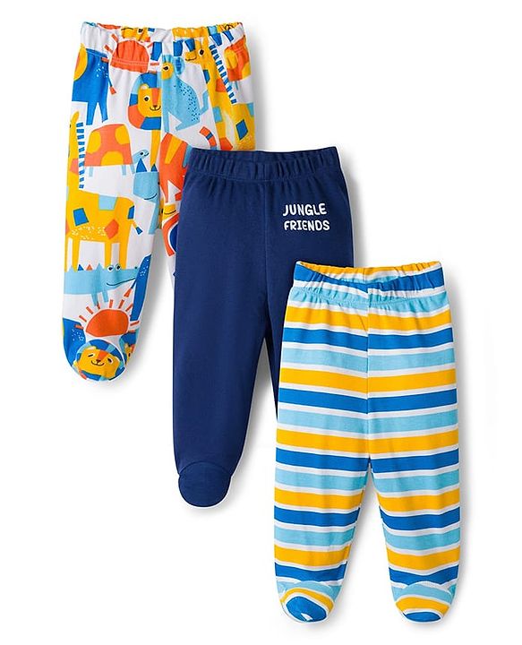 Babyhug Cotton Knit Bootie Leggings with Jungle Theme Print & Stripes Pack of 3 - Multicolor