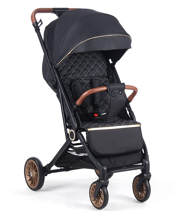 Babyhug Portable Baby Stroller with One-hand Compact Fold - Black| Pram for Newborn| Concealed Linked Brake| Swivel Wheels| 5 Point Harness| Trolley Handle| Air Cabin Friendly| Shock Absorbent Wheels