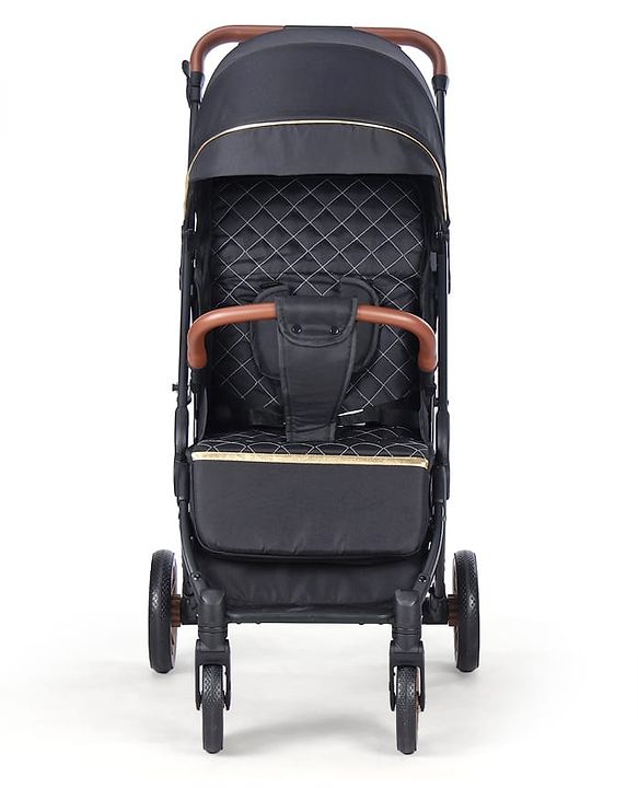 Babyhug Portable Baby Stroller with One-hand Compact Fold - Black| Pram for Newborn| Concealed Linked Brake| Swivel Wheels| 5 Point Harness| Trolley Handle| Air Cabin Friendly| Shock Absorbent Wheels