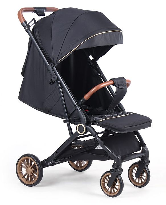 Babyhug Portable Baby Stroller with One-hand Compact Fold - Black| Pram for Newborn| Concealed Linked Brake| Swivel Wheels| 5 Point Harness| Trolley Handle| Air Cabin Friendly| Shock Absorbent Wheels