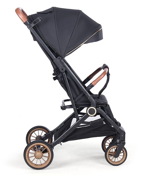 Babyhug Portable Baby Stroller with One-hand Compact Fold - Black| Pram for Newborn| Concealed Linked Brake| Swivel Wheels| 5 Point Harness| Trolley Handle| Air Cabin Friendly| Shock Absorbent Wheels