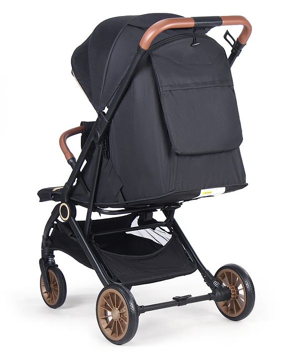 Babyhug Portable Baby Stroller with One-hand Compact Fold - Black| Pram for Newborn| Concealed Linked Brake| Swivel Wheels| 5 Point Harness| Trolley Handle| Air Cabin Friendly| Shock Absorbent Wheels