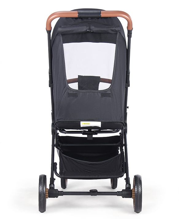 Babyhug Portable Baby Stroller with One-hand Compact Fold - Black| Pram for Newborn| Concealed Linked Brake| Swivel Wheels| 5 Point Harness| Trolley Handle| Air Cabin Friendly| Shock Absorbent Wheels