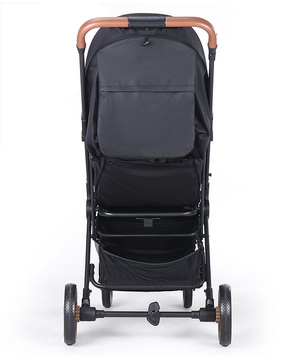Babyhug Portable Baby Stroller with One-hand Compact Fold - Black| Pram for Newborn| Concealed Linked Brake| Swivel Wheels| 5 Point Harness| Trolley Handle| Air Cabin Friendly| Shock Absorbent Wheels