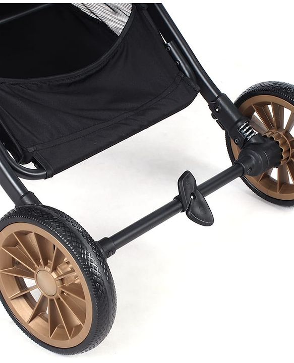 Babyhug Portable Baby Stroller with One-hand Compact Fold - Black| Pram for Newborn| Concealed Linked Brake| Swivel Wheels| 5 Point Harness| Trolley Handle| Air Cabin Friendly| Shock Absorbent Wheels