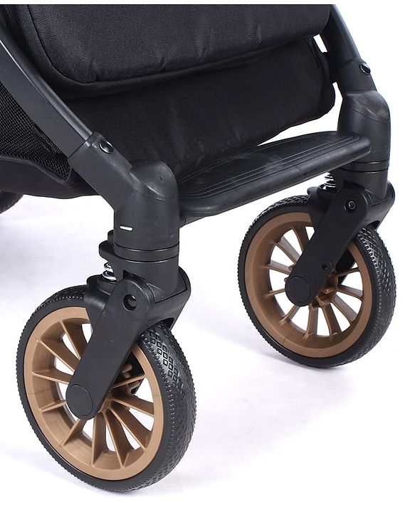 Babyhug Portable Baby Stroller with One-hand Compact Fold - Black| Pram for Newborn| Concealed Linked Brake| Swivel Wheels| 5 Point Harness| Trolley Handle| Air Cabin Friendly| Shock Absorbent Wheels