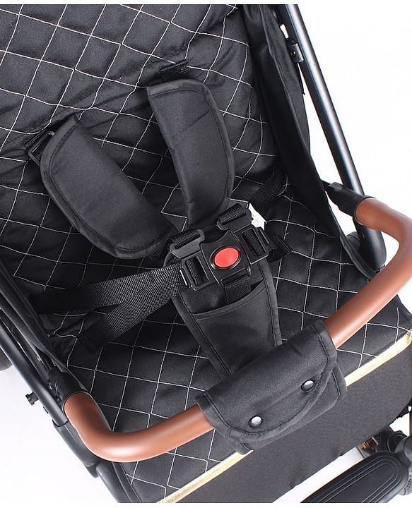 Babyhug Portable Baby Stroller with One-hand Compact Fold - Black| Pram for Newborn| Concealed Linked Brake| Swivel Wheels| 5 Point Harness| Trolley Handle| Air Cabin Friendly| Shock Absorbent Wheels