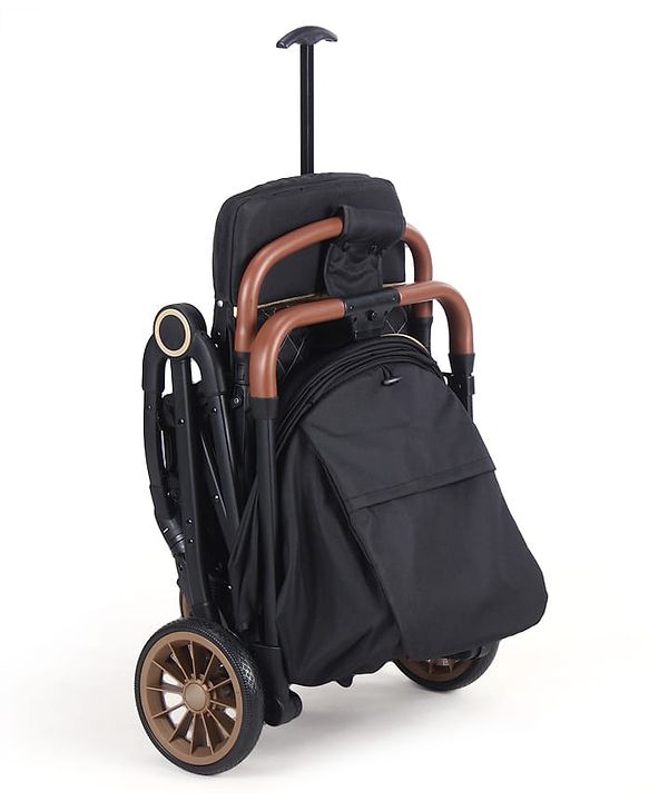 Babyhug Portable Baby Stroller with One-hand Compact Fold - Black| Pram for Newborn| Concealed Linked Brake| Swivel Wheels| 5 Point Harness| Trolley Handle| Air Cabin Friendly| Shock Absorbent Wheels
