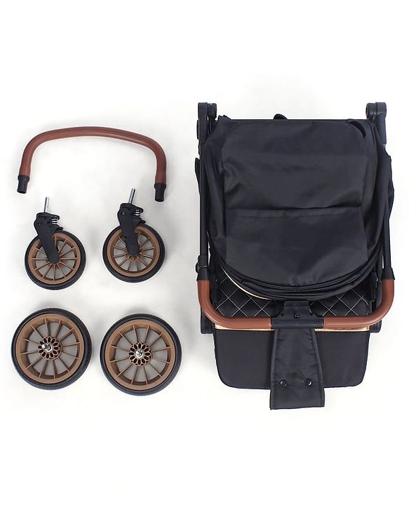 Babyhug Portable Baby Stroller with One-hand Compact Fold - Black| Pram for Newborn| Concealed Linked Brake| Swivel Wheels| 5 Point Harness| Trolley Handle| Air Cabin Friendly| Shock Absorbent Wheels