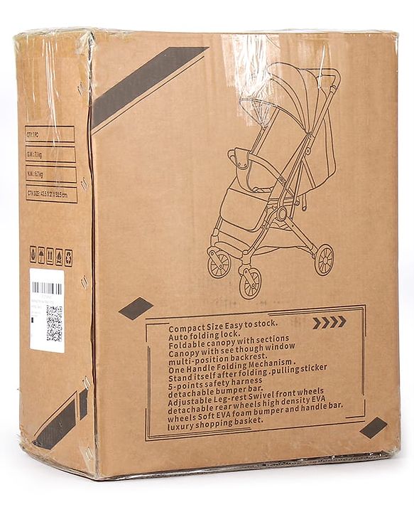 Babyhug Portable Baby Stroller with One-hand Compact Fold - Black| Pram for Newborn| Concealed Linked Brake| Swivel Wheels| 5 Point Harness| Trolley Handle| Air Cabin Friendly| Shock Absorbent Wheels