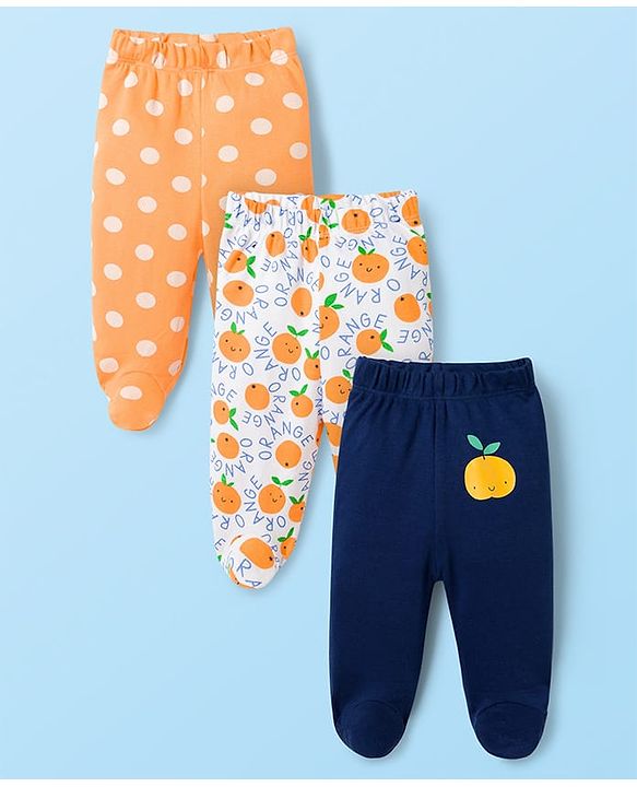 Babyhug Cotton Knit Bootie Leggings With Polka Dot Print Pack Of 3 - Navy Blue White & Orange