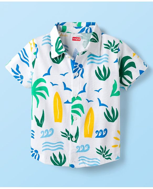 Babyhug Single Jersey Knit Half Sleeves Co-ords Shirt & Shorts Set with Beach Theme Print - Multicolor