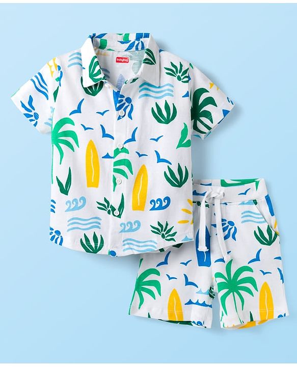 Babyhug Single Jersey Knit Half Sleeves Co-ords Shirt & Shorts Set with Beach Theme Print - Multicolor