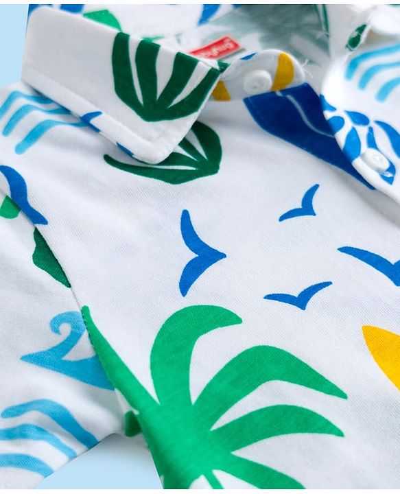 Babyhug Single Jersey Knit Half Sleeves Co-ords Shirt & Shorts Set with Beach Theme Print - Multicolor