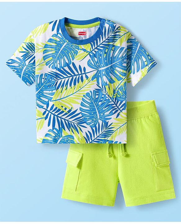 Babyhug Single Jersey Knit Half Sleeves T-Shirt & Shorts Set with Leaf Print - Light Green