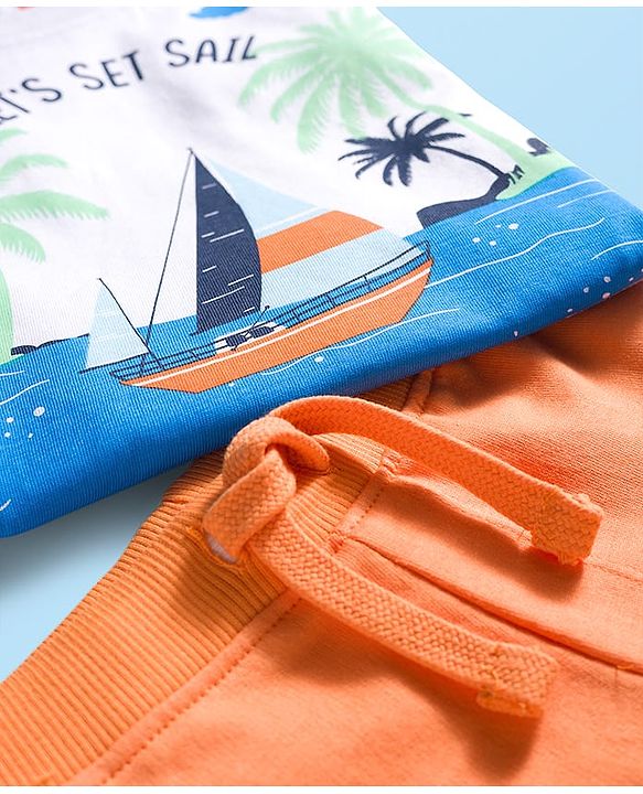 Babyhug Single Jersey Knit Half Sleeves T-Shirt & Shorts Set with Beach Theme Print - Orange