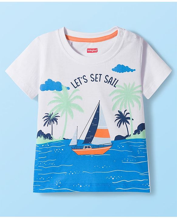 Babyhug Single Jersey Knit Half Sleeves T-Shirt & Shorts Set with Beach Theme Print - Orange