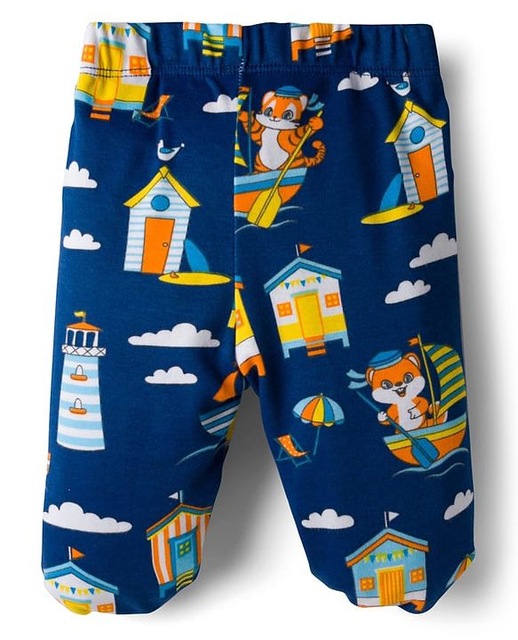 Babyhug Cotton Knit Full Length Bootie Leggings With Nautical Theme Print Pack Of 3 - Yellow & Navy Blue