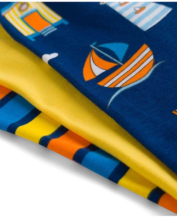 Babyhug Cotton Knit Full Length Bootie Leggings With Nautical Theme Print Pack Of 3 - Yellow & Navy Blue