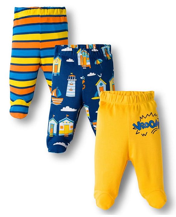 Babyhug Cotton Knit Full Length Bootie Leggings With Nautical Theme Print Pack Of 3 - Yellow & Navy Blue