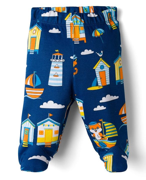 Babyhug Cotton Knit Full Length Bootie Leggings With Nautical Theme Print Pack Of 3 - Yellow & Navy Blue