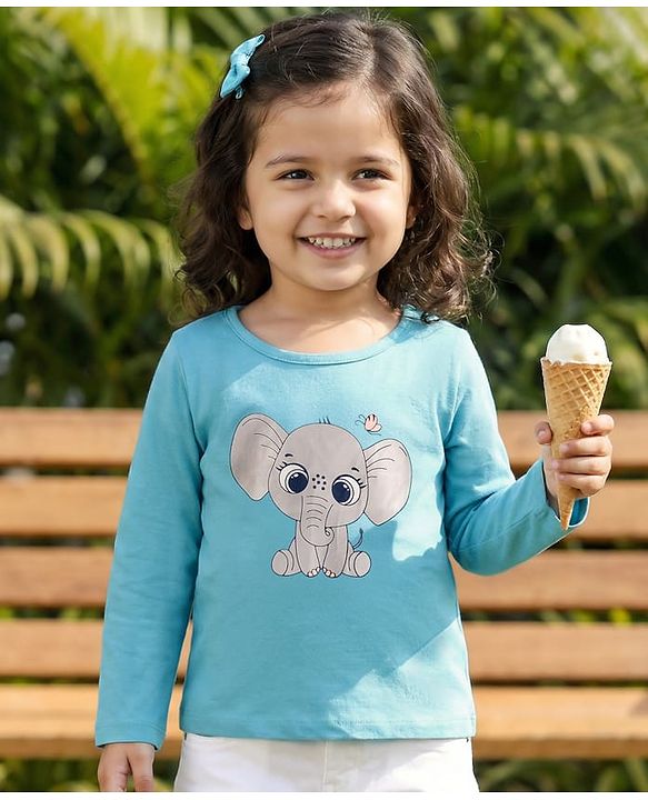 Babyhug 100% Cotton Knit Full Sleeves Elephant Printed T-Shirt - Light Blue