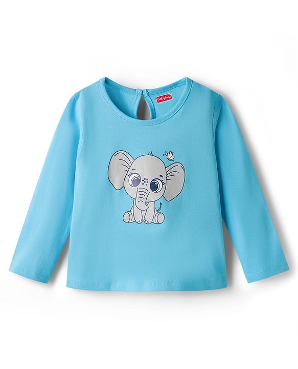 Babyhug 100% Cotton Knit Full Sleeves Elephant Printed T-Shirt - Light Blue
