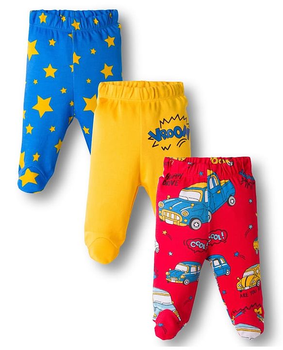 Babyhug Cotton Knit Full Length Bootie Leggings With Vehicle Print Pack Of 3 - Yellow Blue & Red