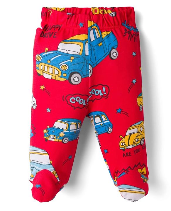Babyhug Cotton Knit Full Length Bootie Leggings With Vehicle Print Pack Of 3 - Yellow Blue & Red
