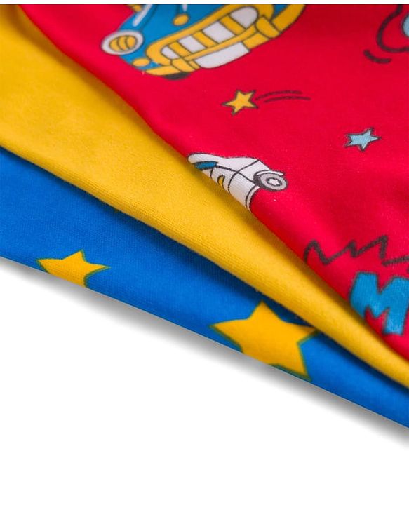 Babyhug Cotton Knit Full Length Bootie Leggings With Vehicle Print Pack Of 3 - Yellow Blue & Red