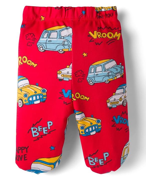 Babyhug Cotton Knit Full Length Bootie Leggings With Vehicle Print Pack Of 3 - Yellow Blue & Red
