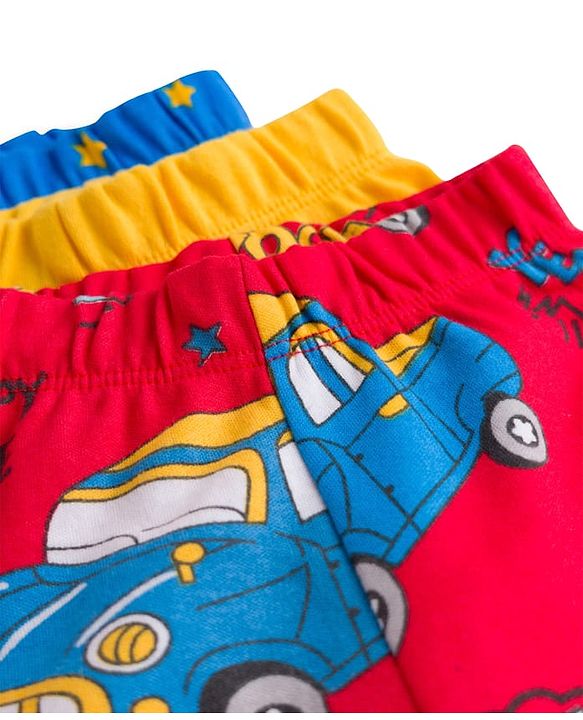 Babyhug Cotton Knit Full Length Bootie Leggings With Vehicle Print Pack Of 3 - Yellow Blue & Red