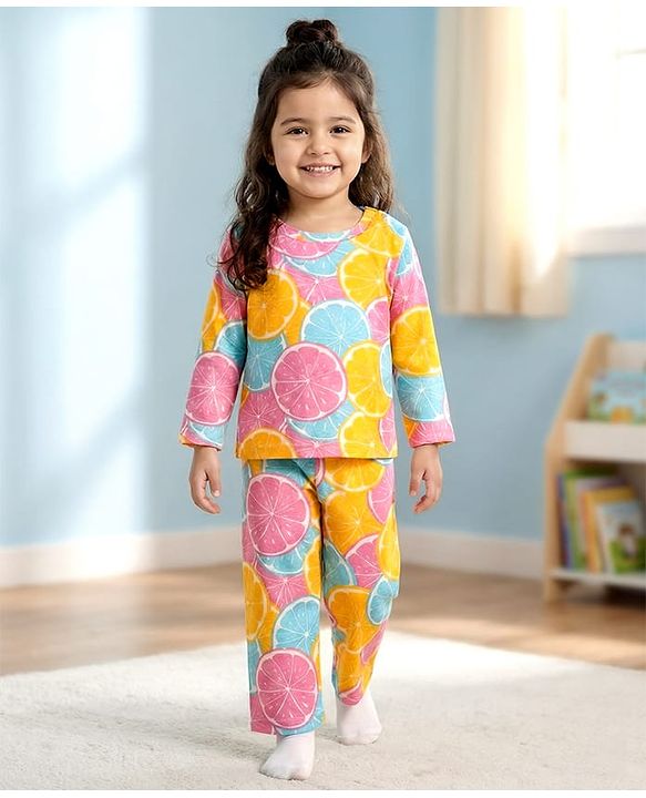 Babyhug Cotton Knit Full Sleeves Co-ords Night Suit With Orange Print - Multicolour