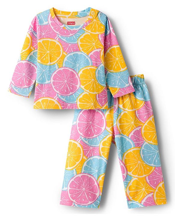 Babyhug Cotton Knit Full Sleeves Co-ords Night Suit With Orange Print - Multicolour