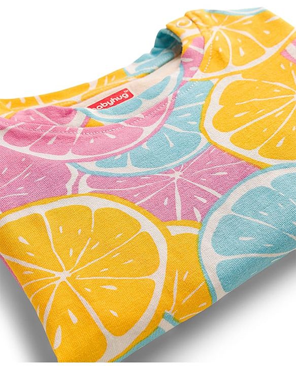 Babyhug Cotton Knit Full Sleeves Co-ords Night Suit With Orange Print - Multicolour