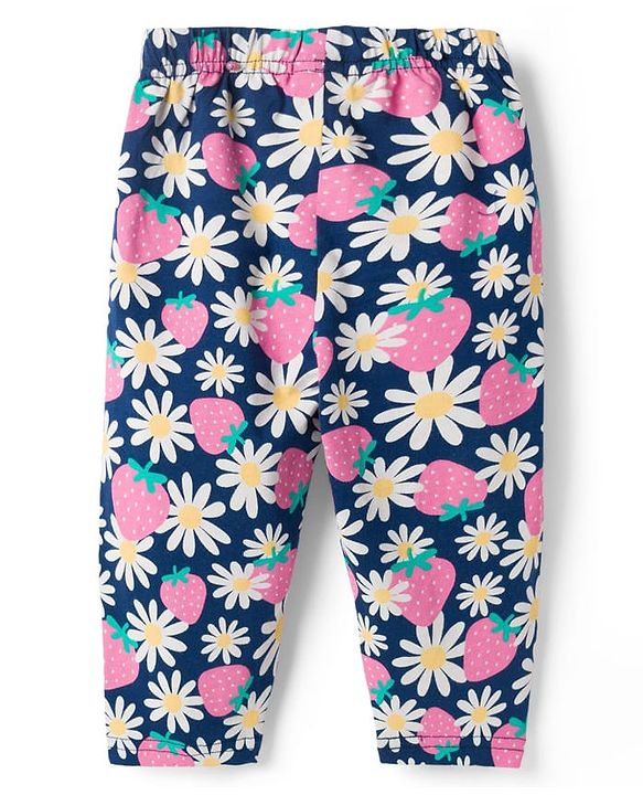 Babyhug Cotton Knit Full Sleeves Co-ords Night Suit With Floral Print - Navy Blue