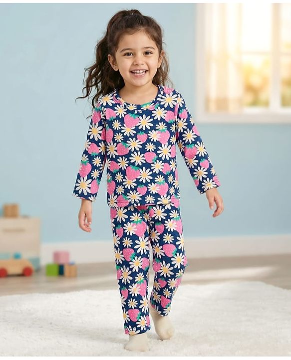 Babyhug Cotton Knit Full Sleeves Co-ords Night Suit With Floral Print - Navy Blue