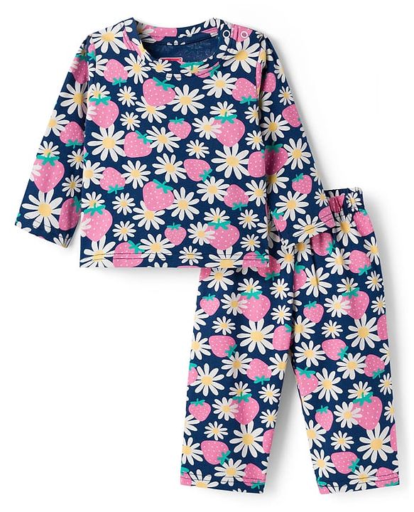 Babyhug Cotton Knit Full Sleeves Co-ords Night Suit With Floral Print - Navy Blue
