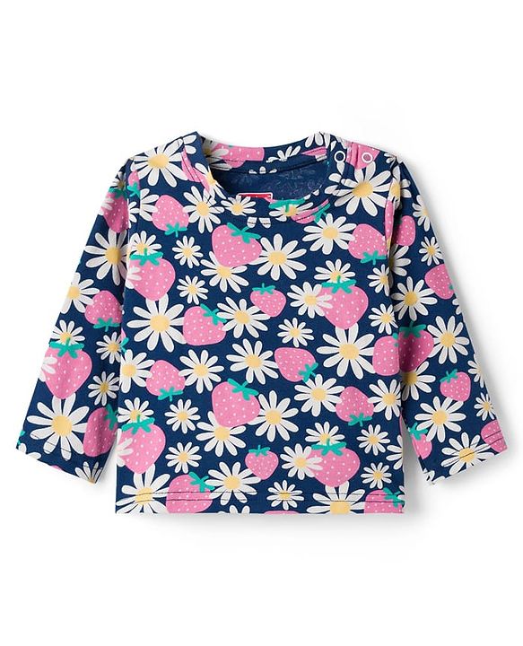 Babyhug Cotton Knit Full Sleeves Co-ords Night Suit With Floral Print - Navy Blue