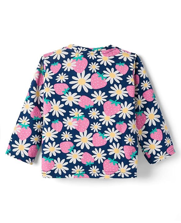 Babyhug Cotton Knit Full Sleeves Co-ords Night Suit With Floral Print - Navy Blue